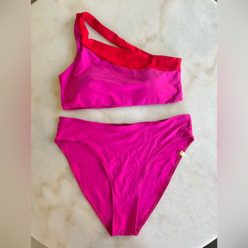 Summer Salt Hot Pink Red One Shoulder High Waisted Swimwear Bikini Matching Set